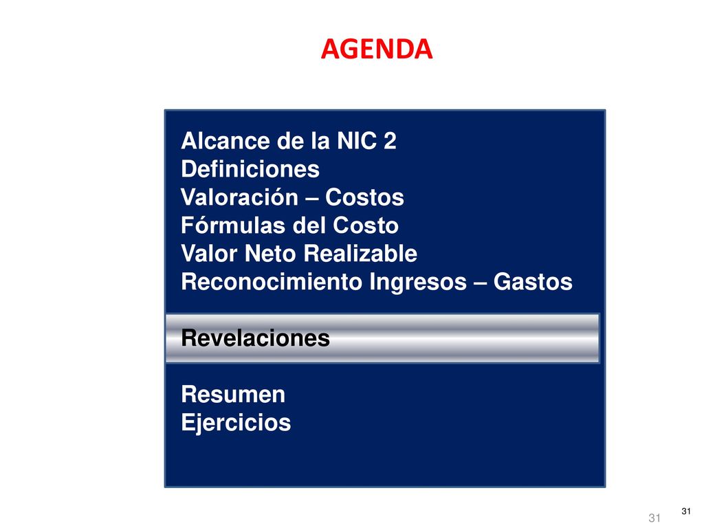 AGENDA Alcance de la NIC 2 Definiciones Valoración – Costos