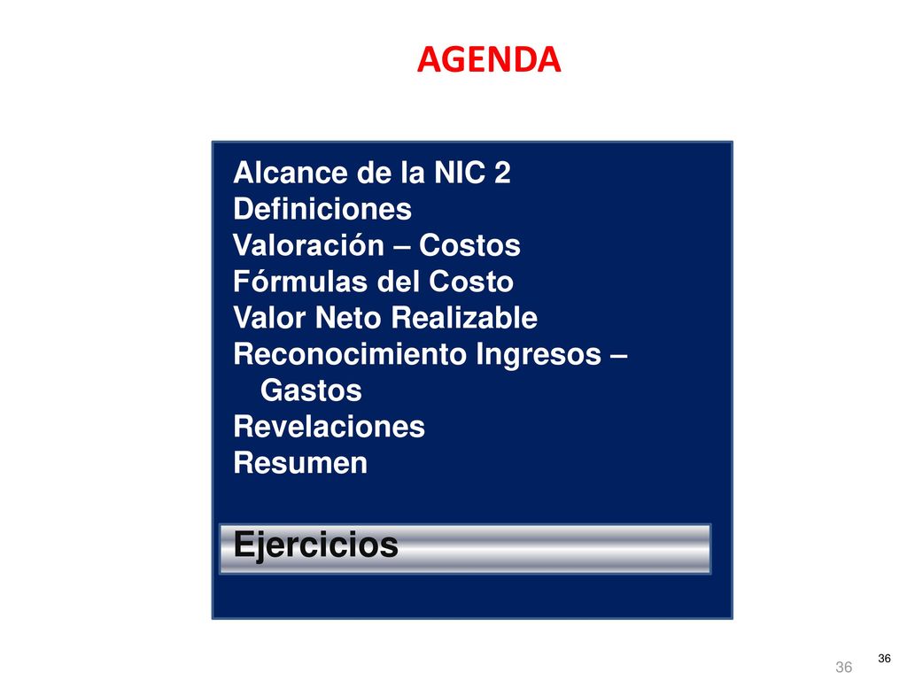 AGENDA Ejercicios Alcance de la NIC 2 Definiciones Valoración – Costos