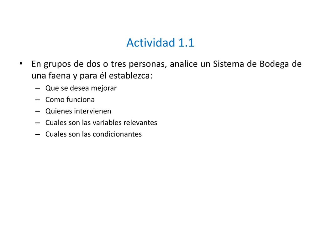 Actividad 1.1 En grupos de dos o tres personas, analice un Sistema de Bodega de una faena y para él establezca: