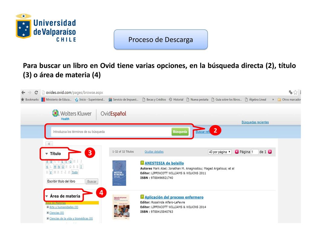 Proceso de Descarga Para buscar un libro en Ovid tiene varias opciones, en la búsqueda directa (2), título (3) o área de materia (4)