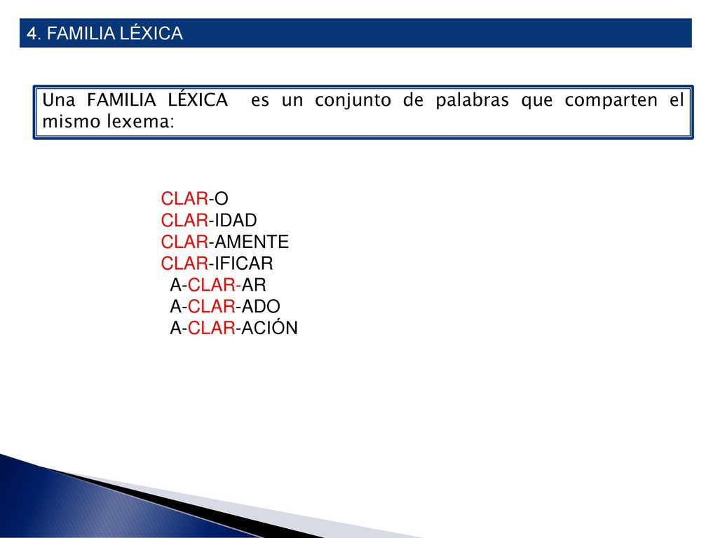 4. FAMILIA LÉXICA Una FAMILIA LÉXICA es un conjunto de palabras que comparten el mismo lexema: CLAR-O.