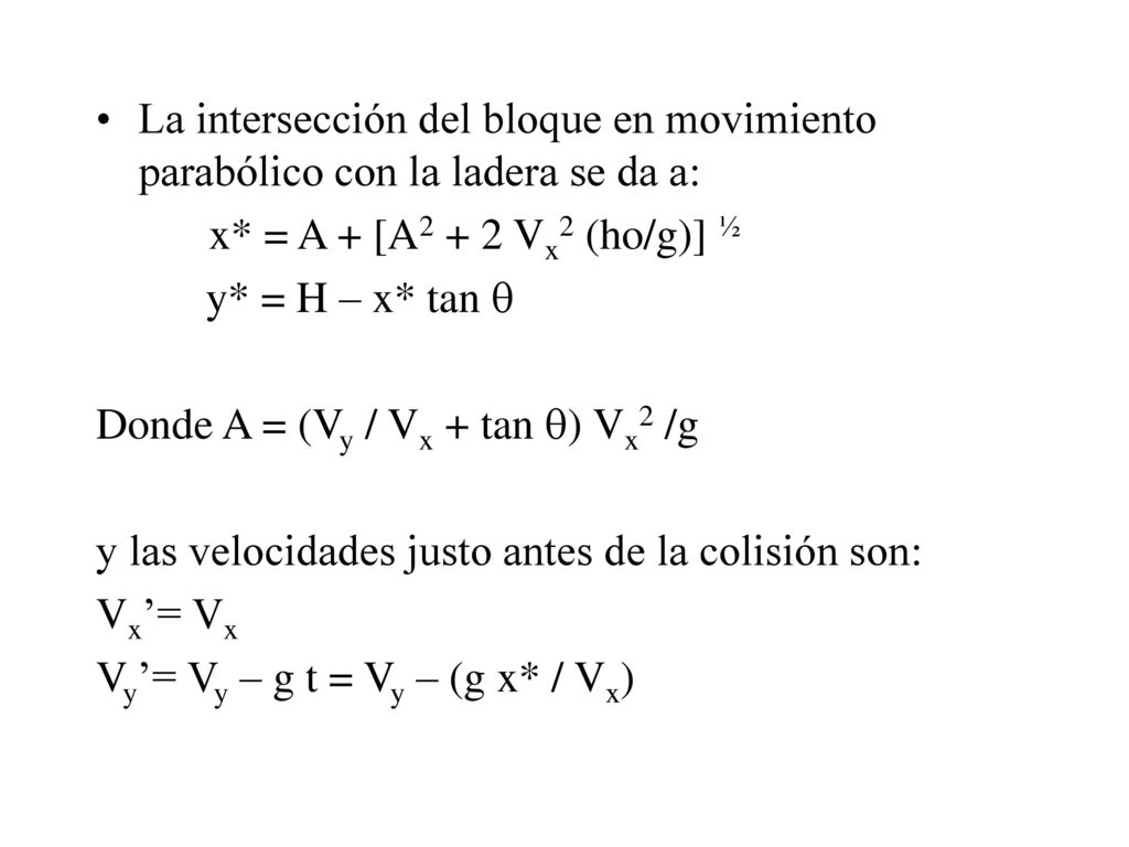 La intersección del bloque en movimiento parabólico con la ladera se da a:
