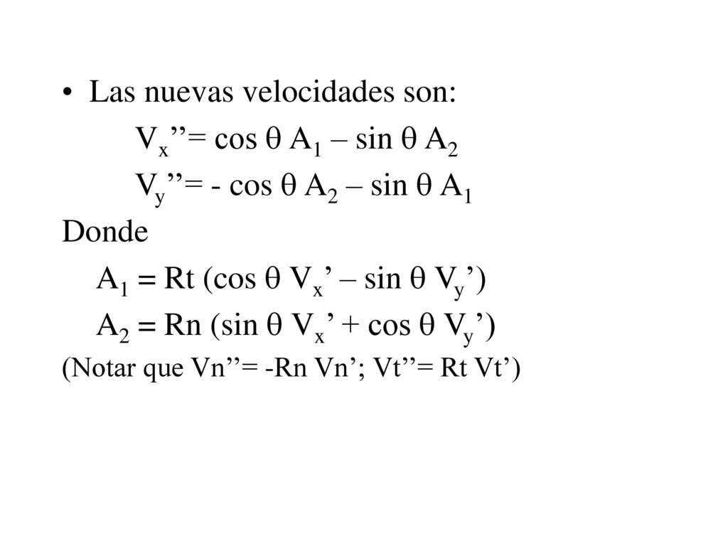 Las nuevas velocidades son: Vx’’= cos q A1 – sin q A2