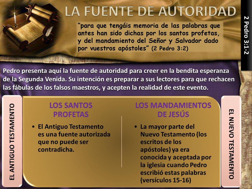 para que tengáis memoria de las palabras que antes han sido dichas por los santos profetas, y del mandamiento del Señor y Salvador dado por vuestros apóstoles (2 Pedro 3:2)