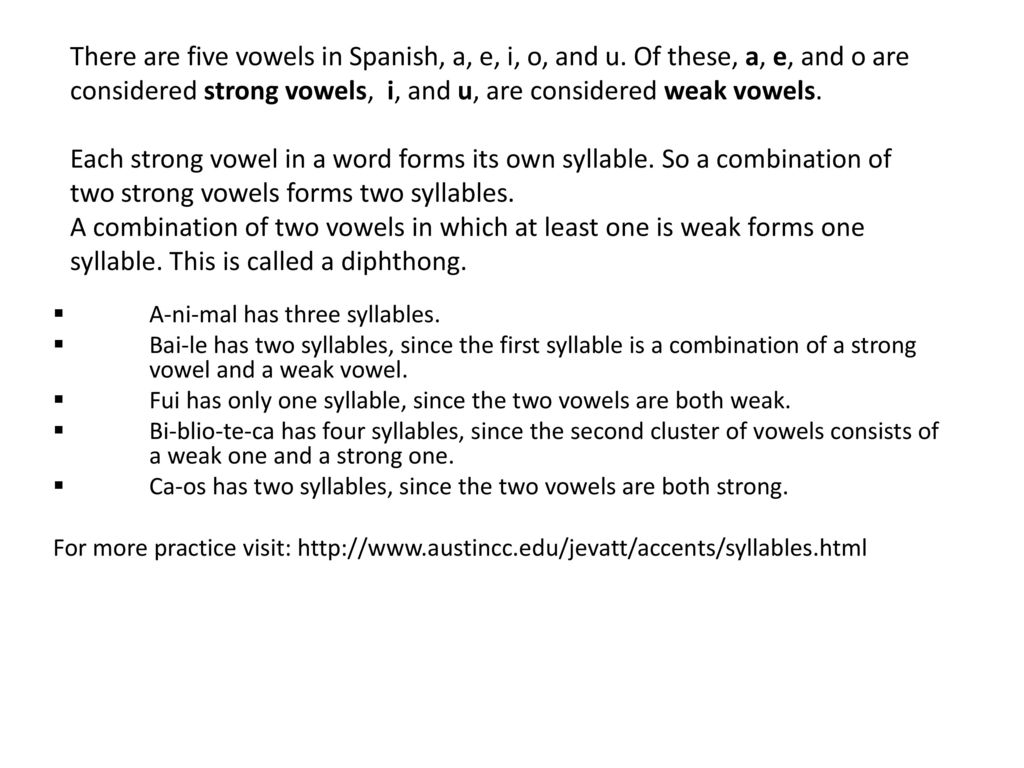 There are five vowels in Spanish, a, e, i, o, and u