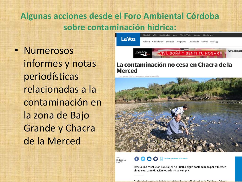 Algunas acciones desde el Foro Ambiental Córdoba sobre contaminación hídrica: