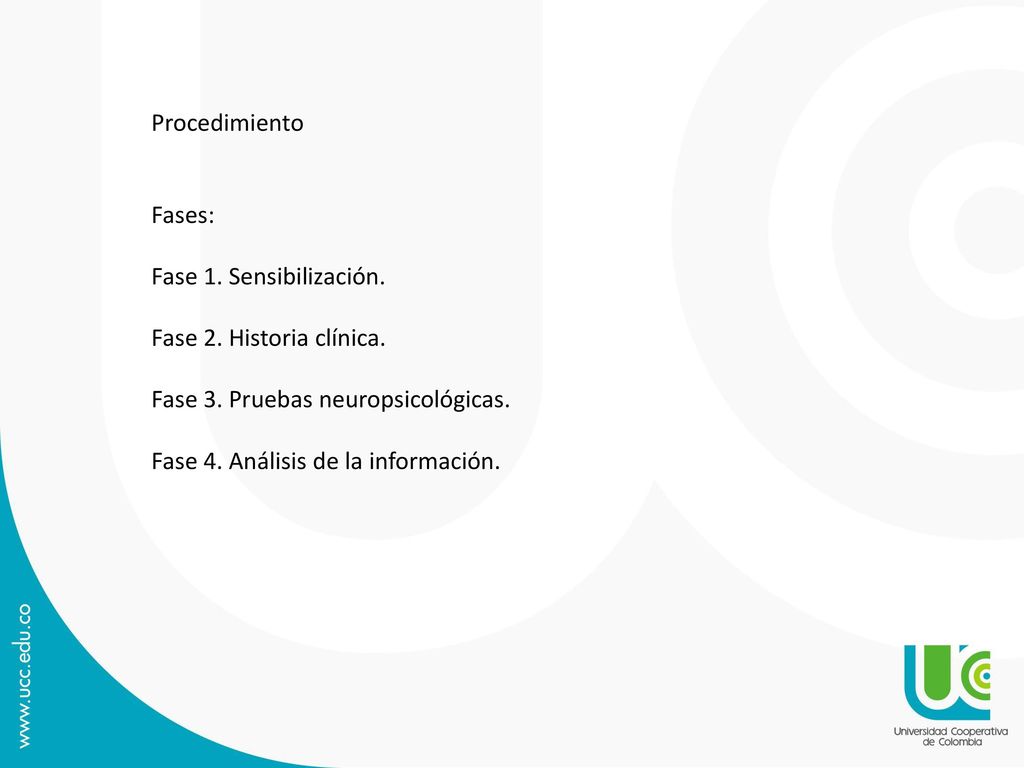 Procedimiento Fases: Fase 1. Sensibilización. Fase 2. Historia clínica. Fase 3. Pruebas neuropsicológicas.