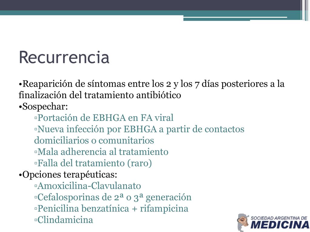 Recurrencia Reaparición de síntomas entre los 2 y los 7 días posteriores a la finalización del tratamiento antibiótico.