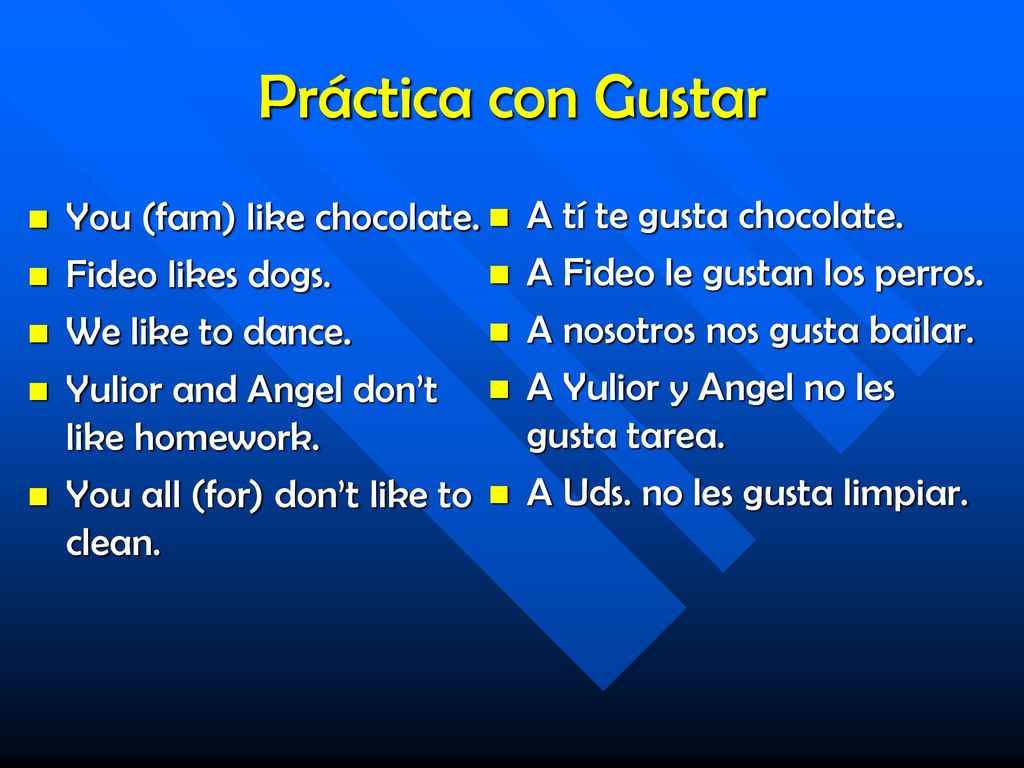 Práctica con Gustar You (fam) like chocolate. A tí te gusta chocolate.