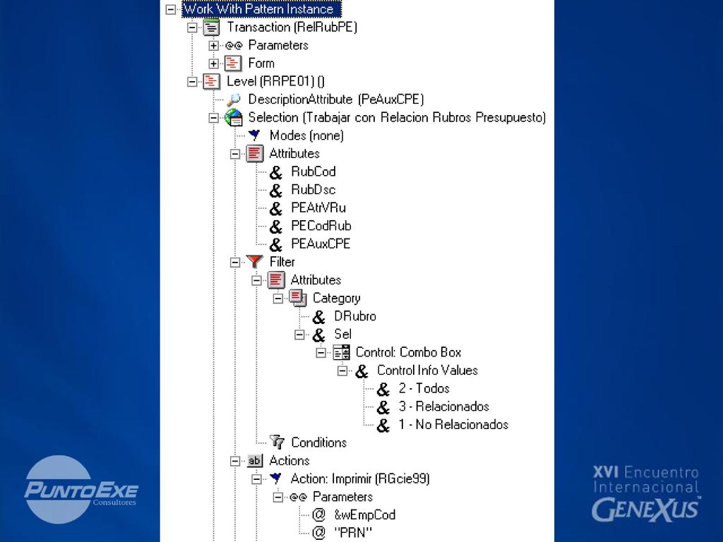 Esta es la forma en que GXPattern estructura gráficamente los elementos de la instancia para que sean definidos por el programador.