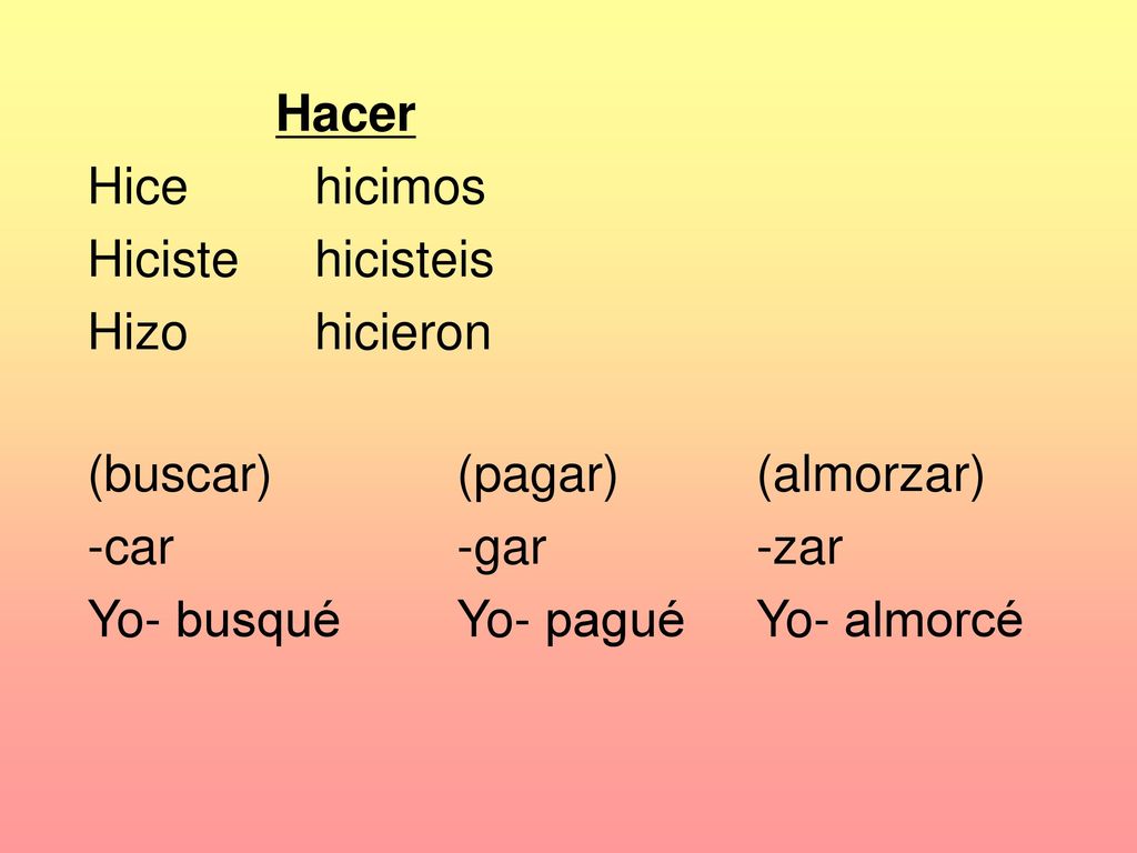 Hacer Hice hicimos. Hiciste hicisteis. Hizo hicieron. (buscar) -car. Yo- busqué. (pagar) -gar.