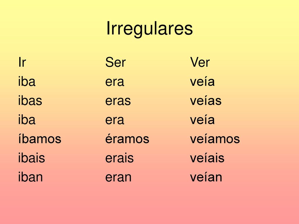 Irregulares Ir iba ibas íbamos ibais iban Ser era eras éramos erais