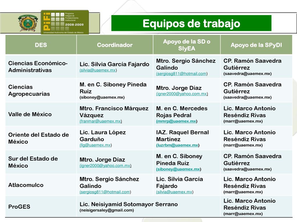 Equipos de trabajo DES Coordinador Apoyo de la SD o SIyEA