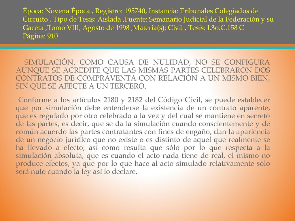 Época: Novena Época , Registro: , Instancia: Tribunales Colegiados de Circuito , Tipo de Tesis: Aislada ,Fuente: Semanario Judicial de la Federación y su Gaceta ,Tomo VIII, Agosto de 1998 ,Materia(s): Civil , Tesis: I.3o.C.158 C