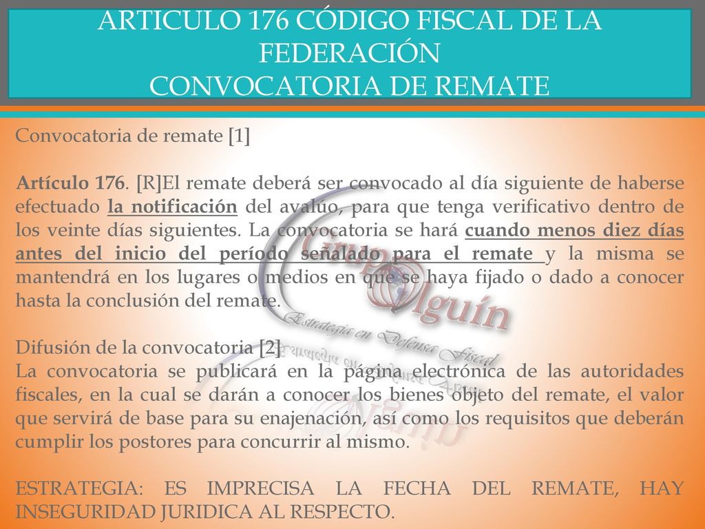 ARTICULO 176 CÓDIGO FISCAL DE LA FEDERACIÓN CONVOCATORIA DE REMATE