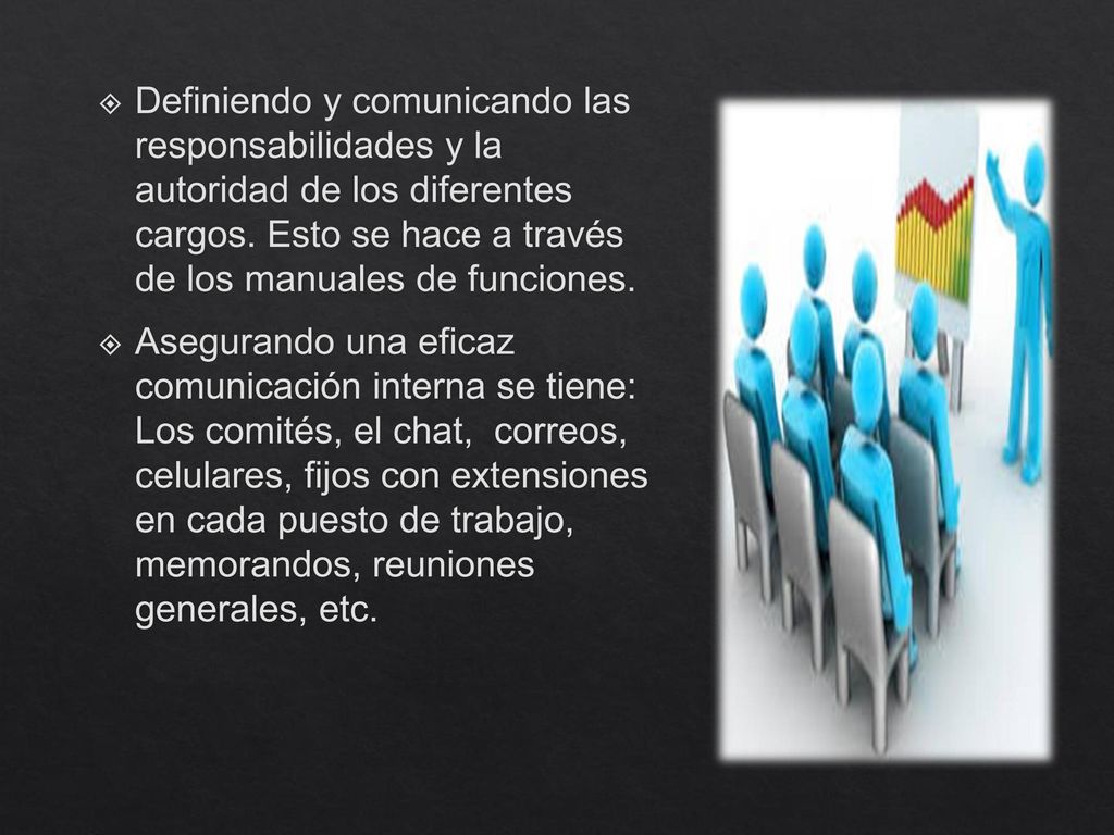 Definiendo y comunicando las responsabilidades y la autoridad de los diferentes cargos. Esto se hace a través de los manuales de funciones.