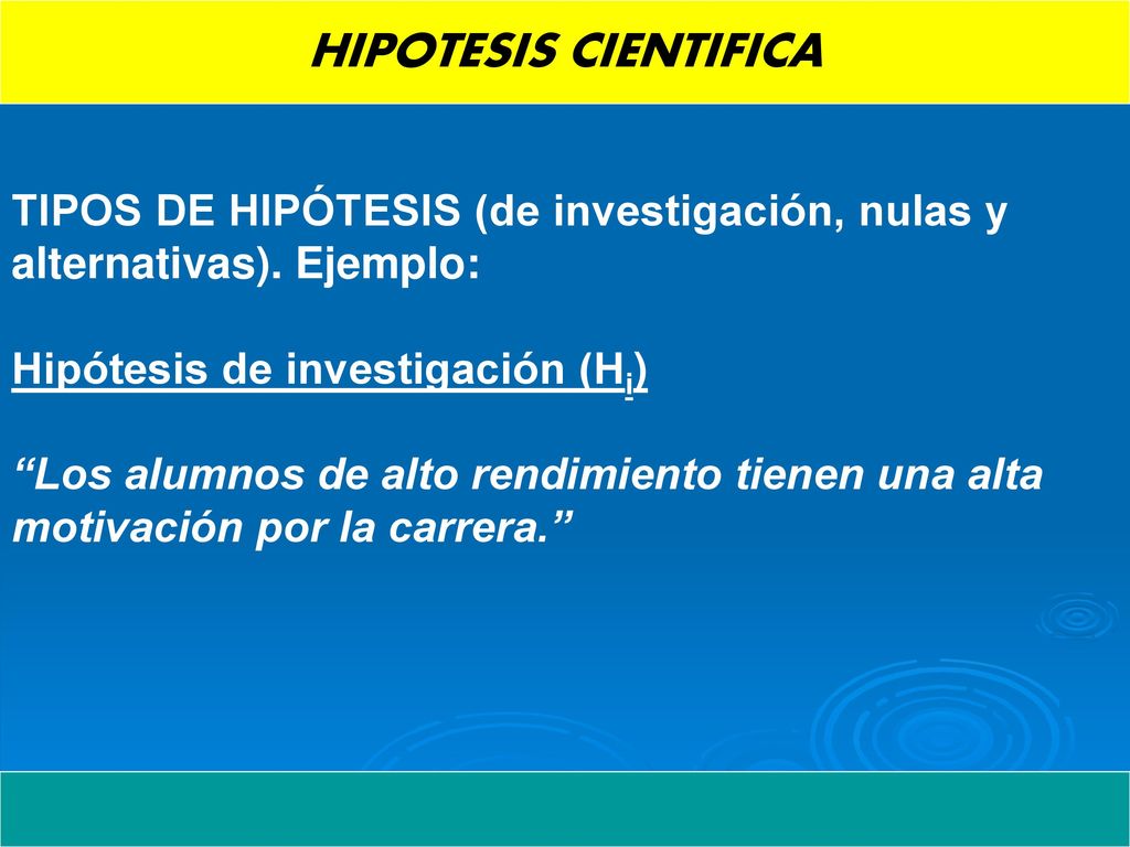 HIPOTESIS CIENTIFICA TIPOS DE HIPÓTESIS (de investigación, nulas y alternativas). Ejemplo: Hipótesis de investigación (Hi)