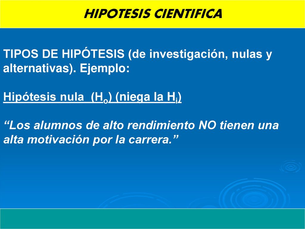 HIPOTESIS CIENTIFICA TIPOS DE HIPÓTESIS (de investigación, nulas y alternativas). Ejemplo: Hipótesis nula (Ho) (niega la Hi)