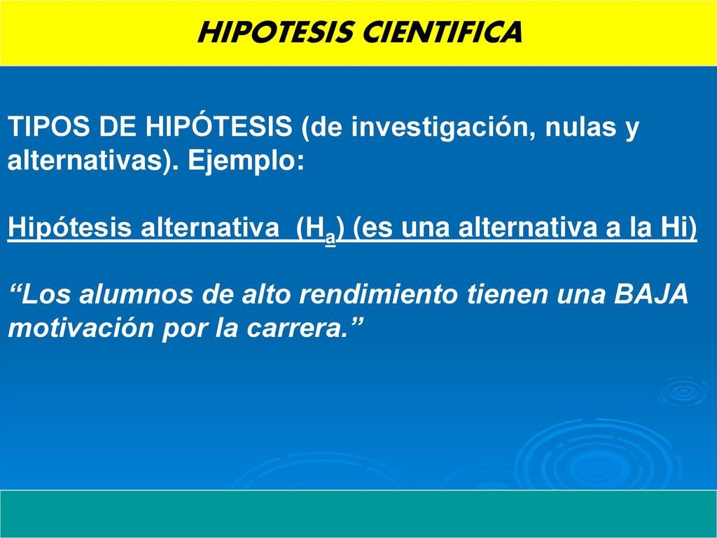 HIPOTESIS CIENTIFICA TIPOS DE HIPÓTESIS (de investigación, nulas y alternativas). Ejemplo: Hipótesis alternativa (Ha) (es una alternativa a la Hi)