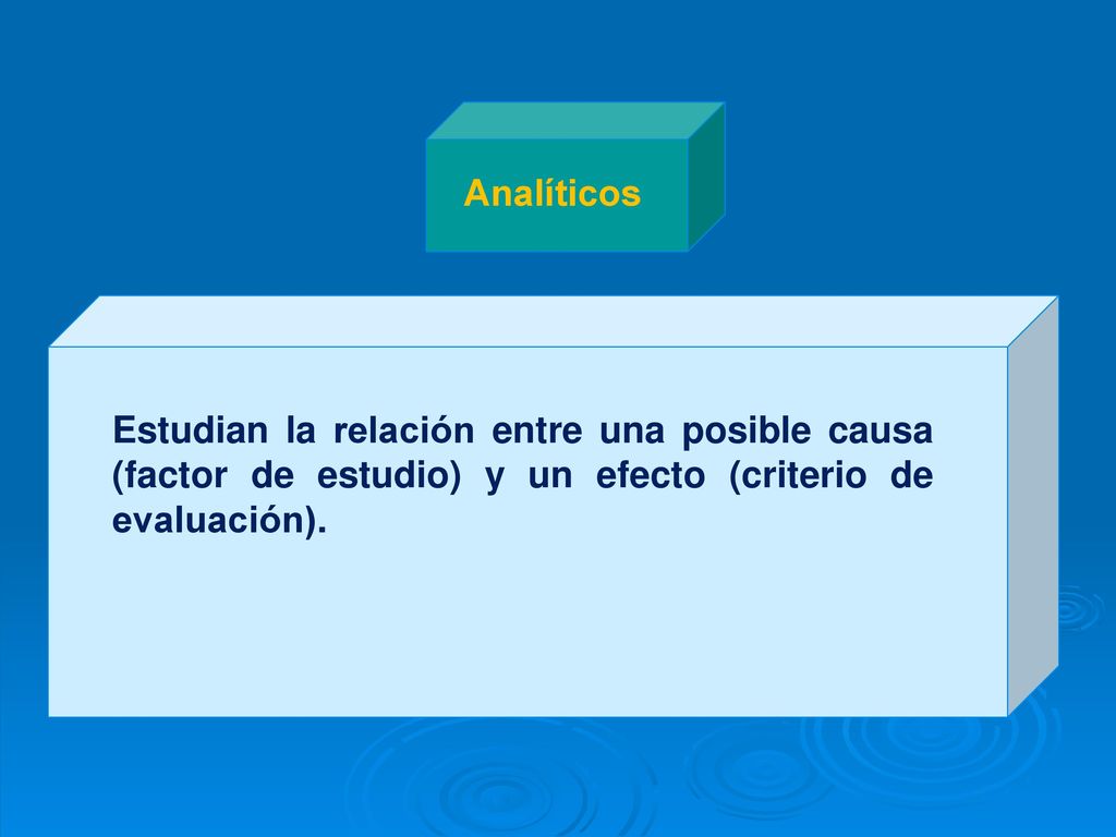 Analíticos Estudian la relación entre una posible causa (factor de estudio) y un efecto (criterio de evaluación).