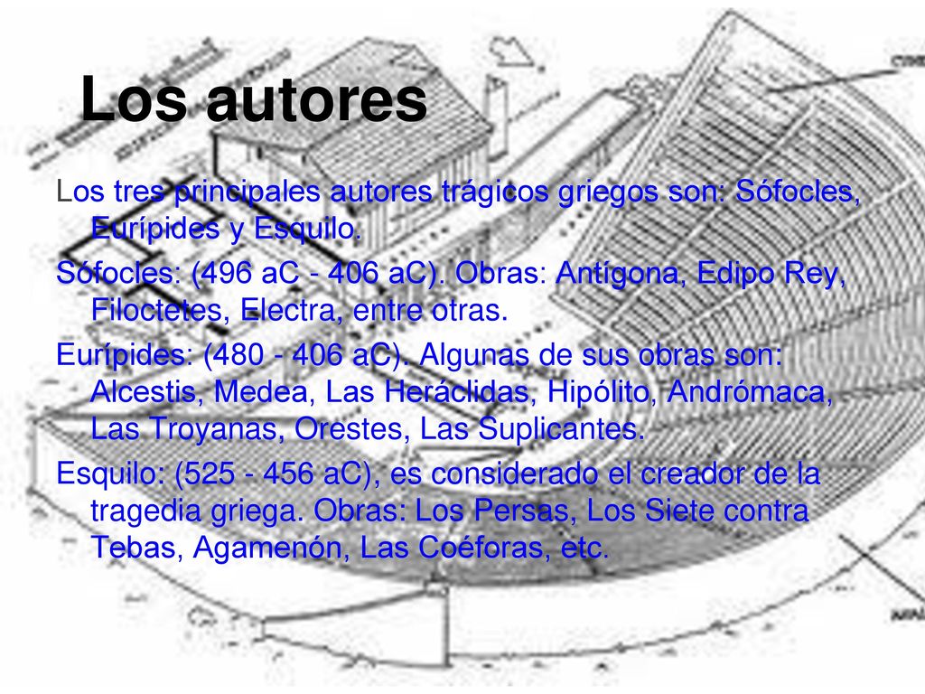 Los autores Los tres principales autores trágicos griegos son: Sófocles, Eurípides y Esquilo.