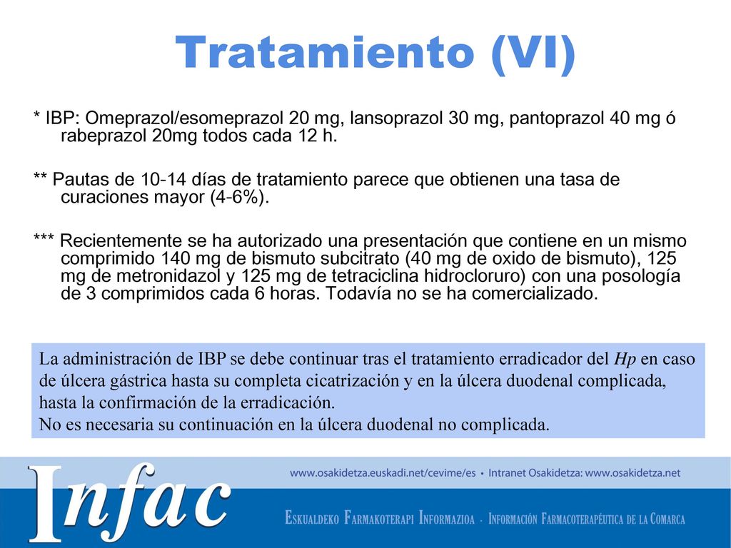 Tratamiento (VI) * IBP: Omeprazol/esomeprazol 20 mg, lansoprazol 30 mg, pantoprazol 40 mg ó rabeprazol 20mg todos cada 12 h.