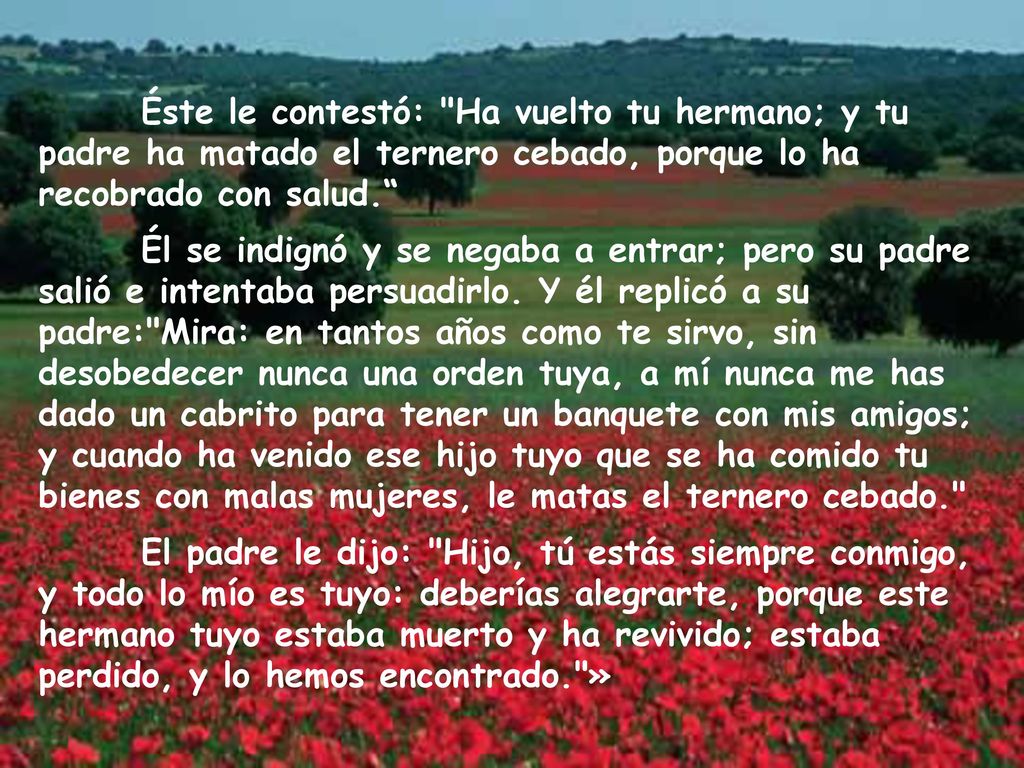 Éste le contestó: Ha vuelto tu hermano; y tu padre ha matado el ternero cebado, porque lo ha recobrado con salud.
