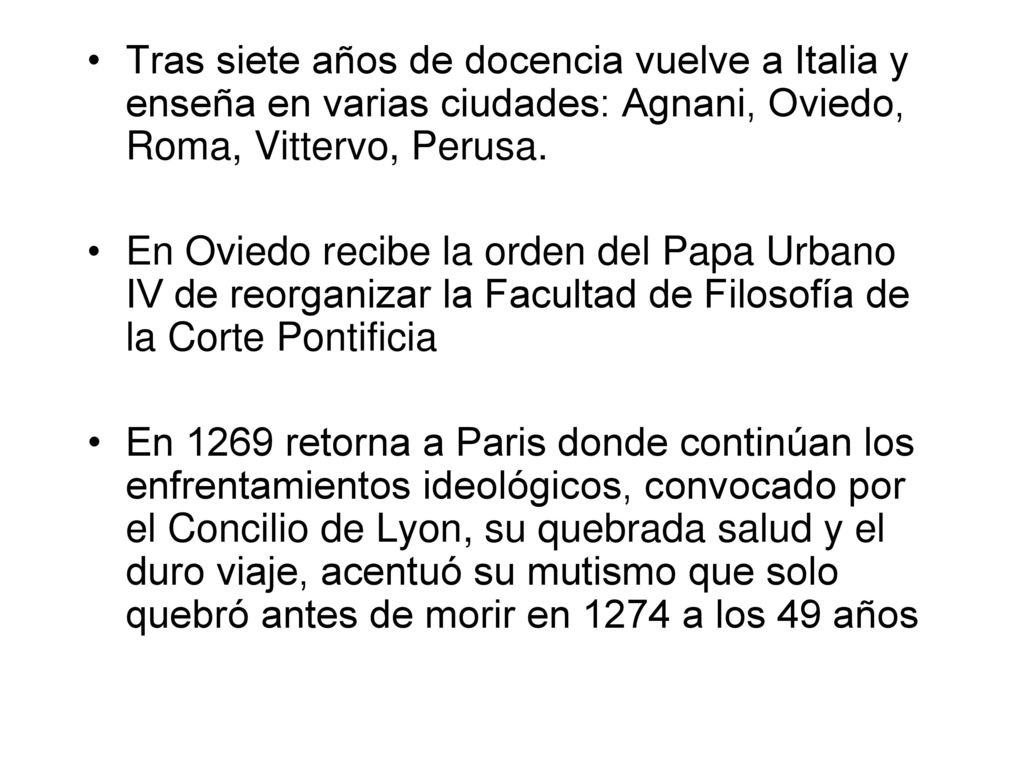 Tras siete años de docencia vuelve a Italia y enseña en varias ciudades: Agnani, Oviedo, Roma, Vittervo, Perusa.