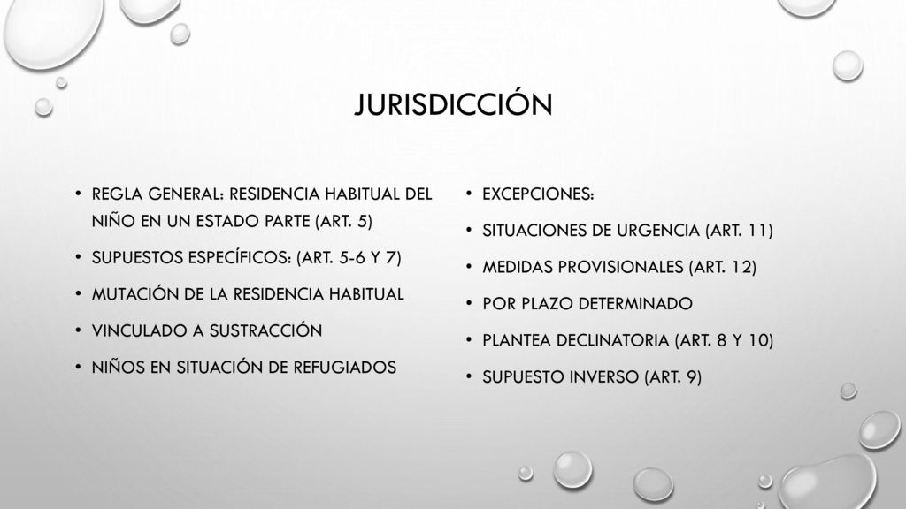 JURISDICCIÓN REGLA GENERAL: RESIDENCIA HABITUAL DEL NIÑO EN UN ESTADO PARTE (ART. 5) SUPUESTOS ESPECÍFICOS: (Art. 5-6 y 7)