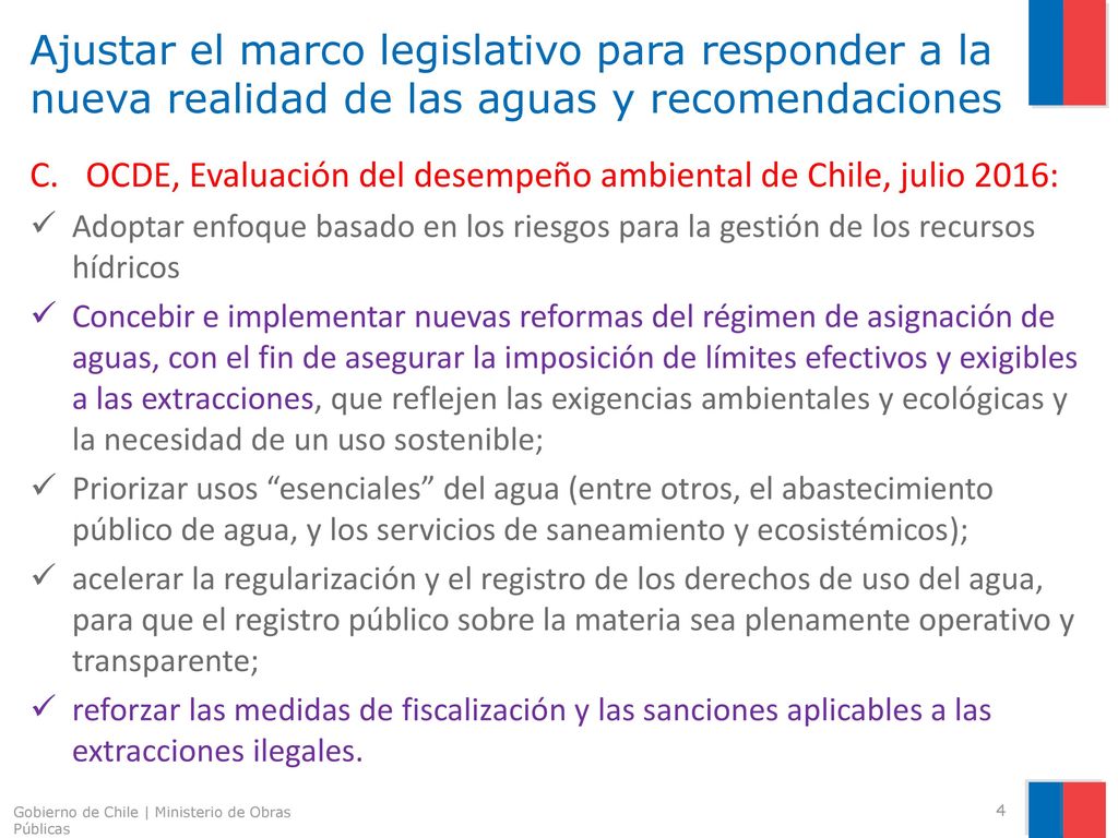 Ajustar el marco legislativo para responder a la nueva realidad de las aguas y recomendaciones