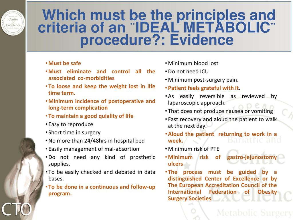 Which must be the principles and criteria of an ¨IDEAL METABOLIC¨ procedure : Evidence