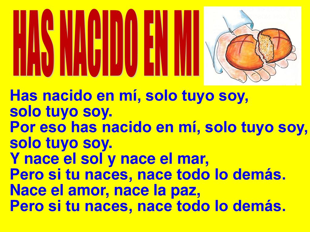 HAS NACIDO EN MI Has nacido en mí, solo tuyo soy, solo tuyo soy. Por eso has nacido en mí, solo tuyo soy,