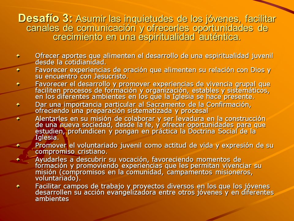 Desafío 3: Asumir las inquietudes de los jóvenes, facilitar canales de comunicación y ofrecerles oportunidades de crecimiento en una espiritualidad auténtica.