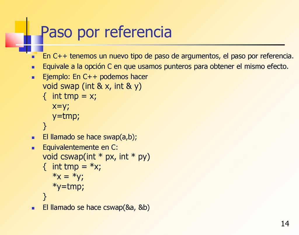Paso por referencia En C++ tenemos un nuevo tipo de paso de argumentos, el paso por referencia.