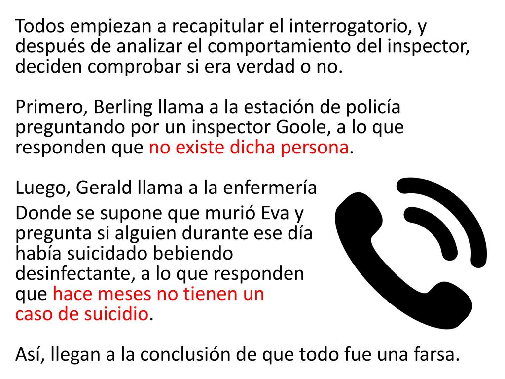 Todos empiezan a recapitular el interrogatorio, y después de analizar el comportamiento del inspector, deciden comprobar si era verdad o no.