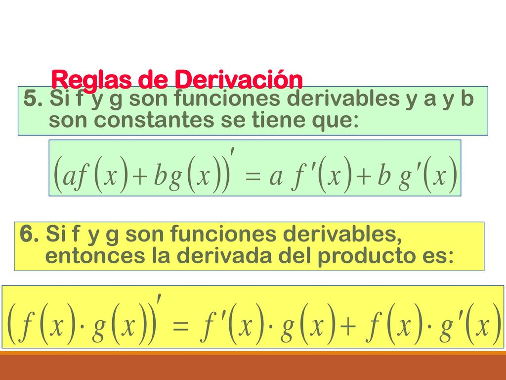 Reglas de Derivación 5. Si f y g son funciones derivables y a y b son constantes se tiene que: