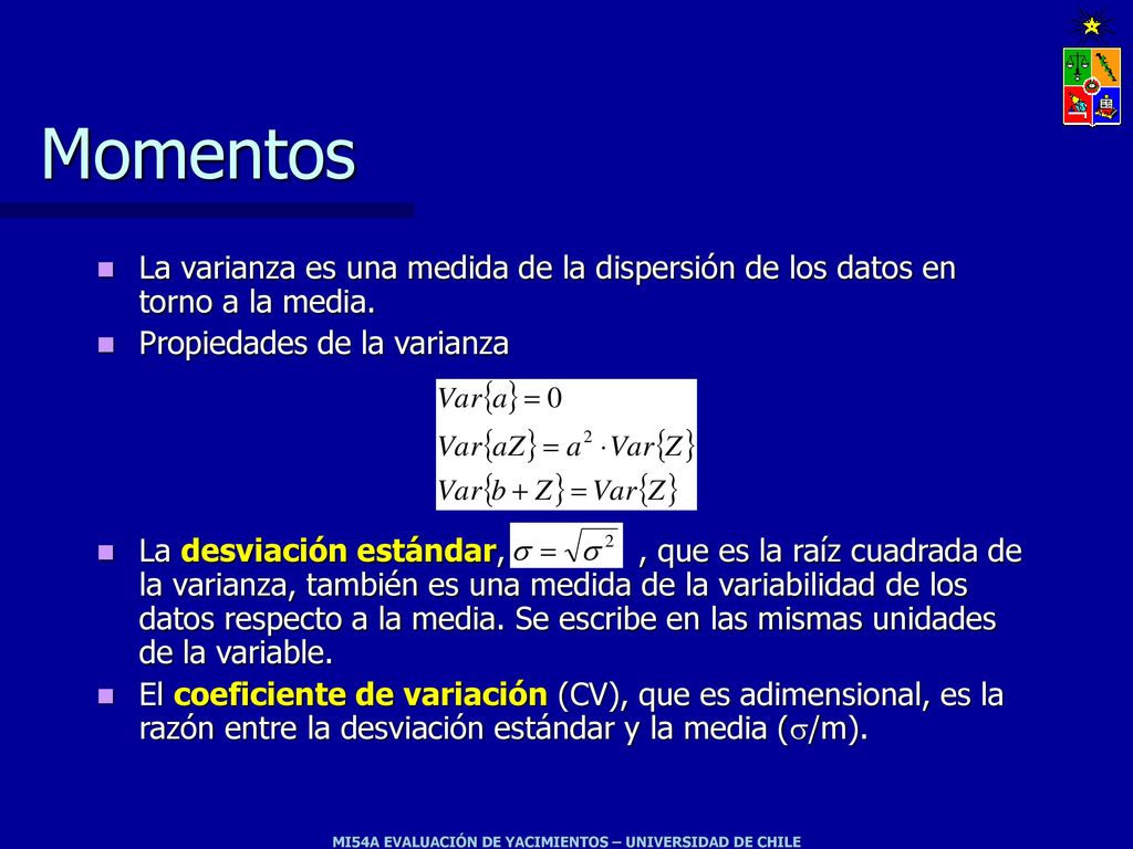Momentos La varianza es una medida de la dispersión de los datos en torno a la media. Propiedades de la varianza.