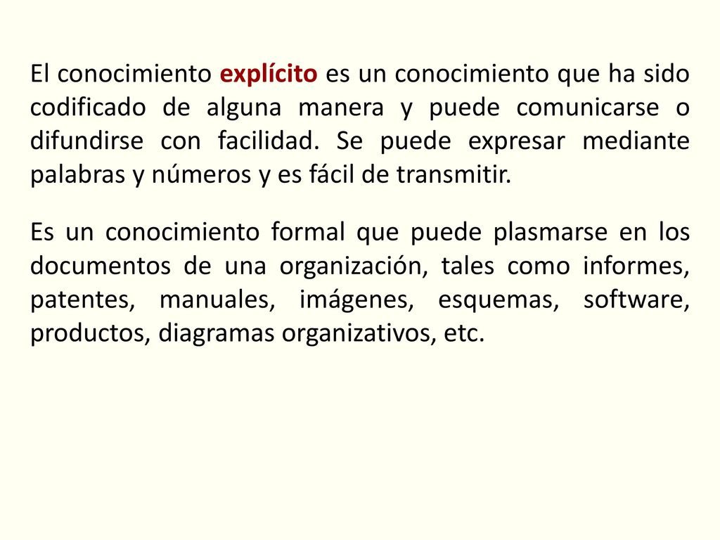 El conocimiento explícito es un conocimiento que ha sido codificado de alguna manera y puede comunicarse o difundirse con facilidad. Se puede expresar mediante palabras y números y es fácil de transmitir.