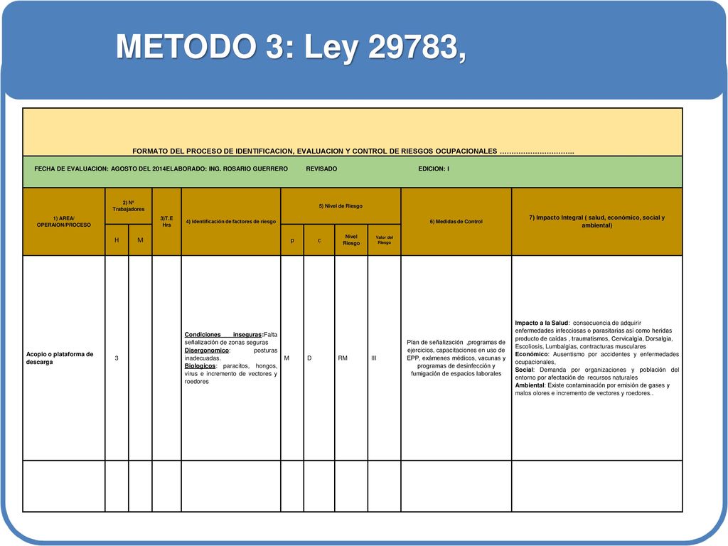 METODO 3: Ley 29783, FORMATO DEL PROCESO DE IDENTIFICACION, EVALUACION Y CONTROL DE RIESGOS OCUPACIONALES …………………………..