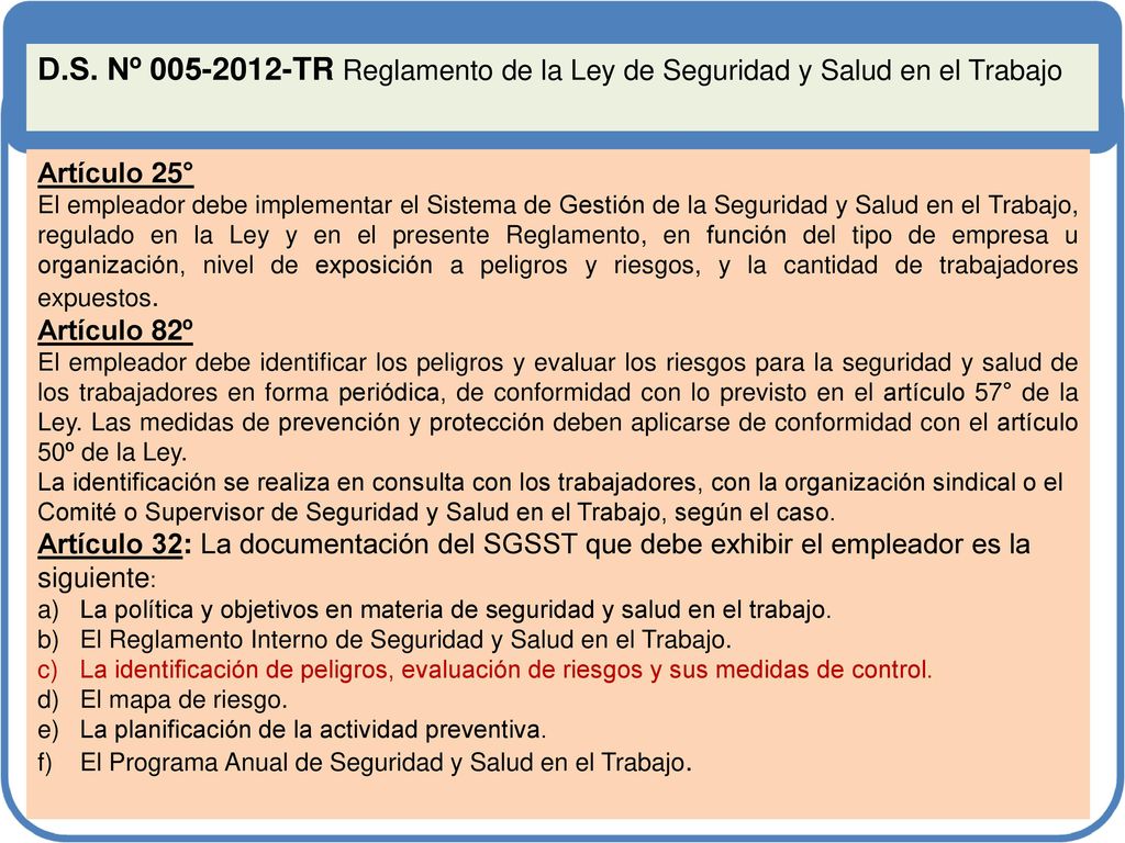 D.S. Nº TR Reglamento de la Ley de Seguridad y Salud en el Trabajo