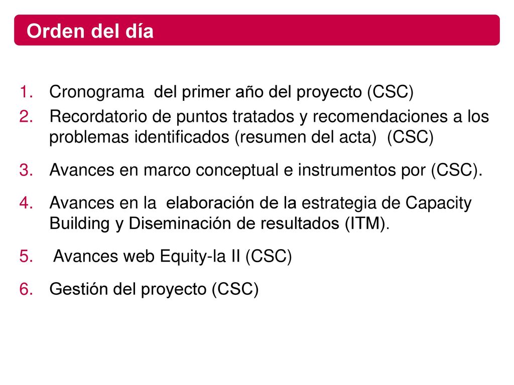 Orden del día Cronograma del primer año del proyecto (CSC)