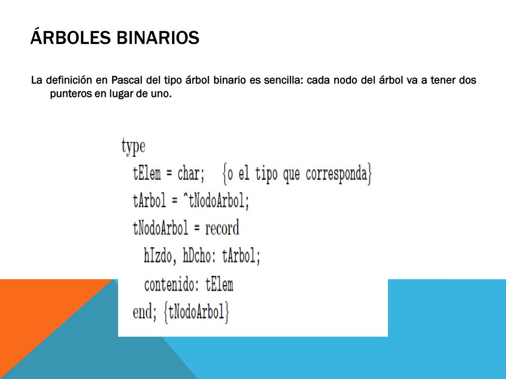 Árboles binarios La definición en Pascal del tipo árbol binario es sencilla: cada nodo del árbol va a tener dos punteros en lugar de uno.