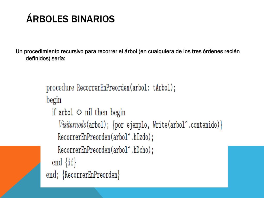 Árboles binarios Un procedimiento recursivo para recorrer el árbol (en cualquiera de los tres órdenes recién definidos) sería:
