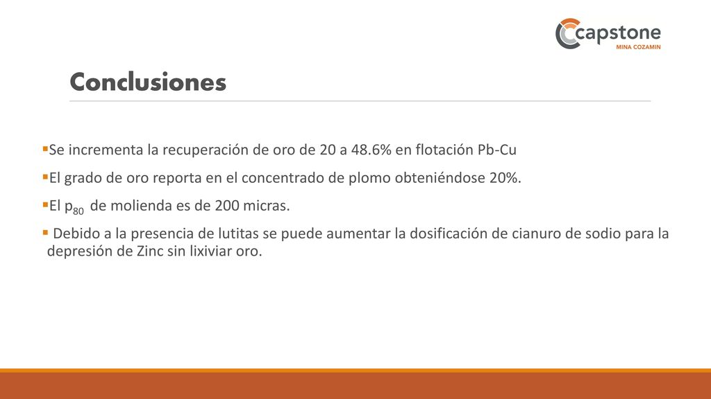 Conclusiones Se incrementa la recuperación de oro de 20 a 48.6% en flotación Pb-Cu.