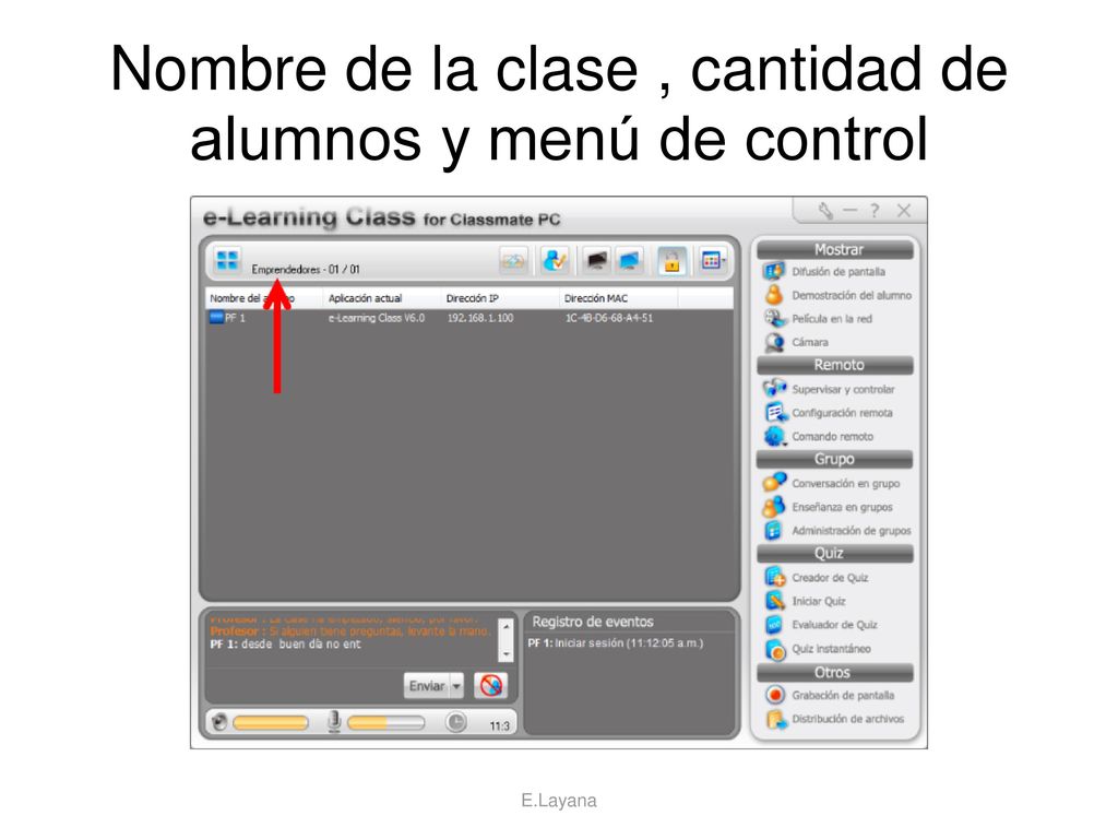 Nombre de la clase , cantidad de alumnos y menú de control