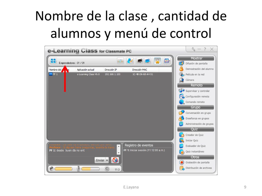 Nombre de la clase , cantidad de alumnos y menú de control