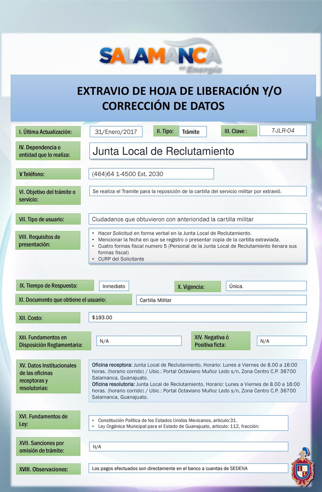 EXTRAVIO DE HOJA DE LIBERACIÓN Y/O CORRECCIÓN DE DATOS