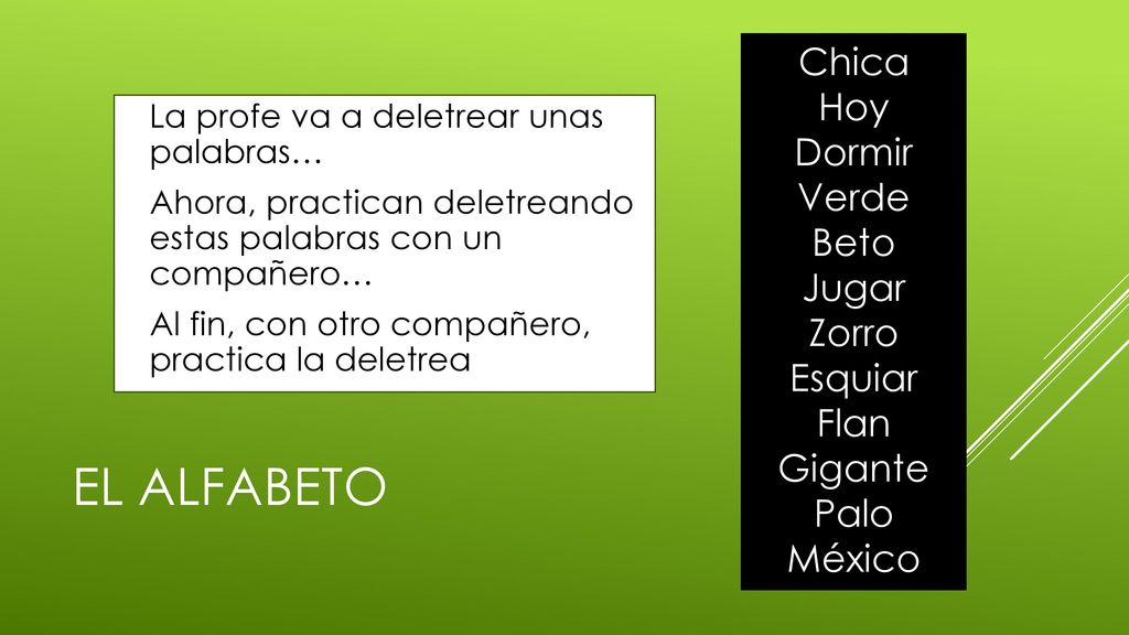 El alfabeto Chica Hoy Dormir Verde Beto Jugar Zorro Esquiar Flan