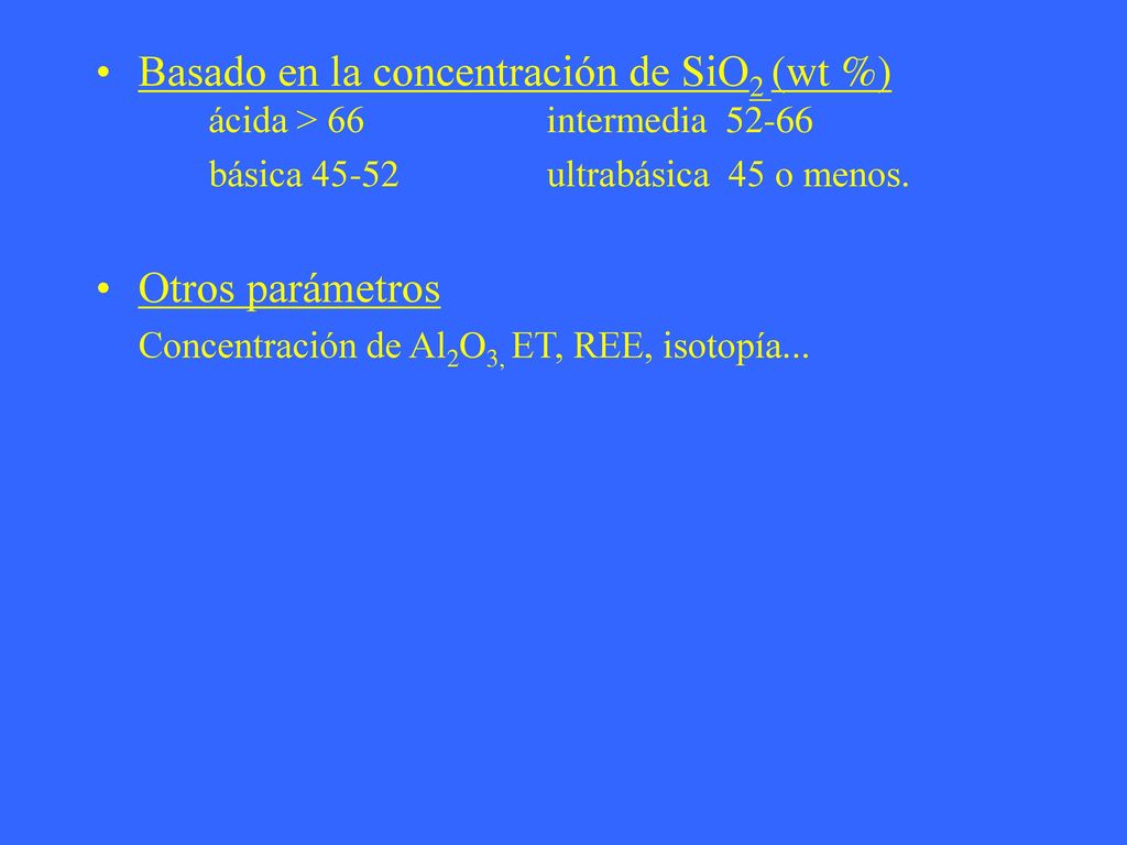 Basado en la concentración de SiO2 (wt %). ácida > 66