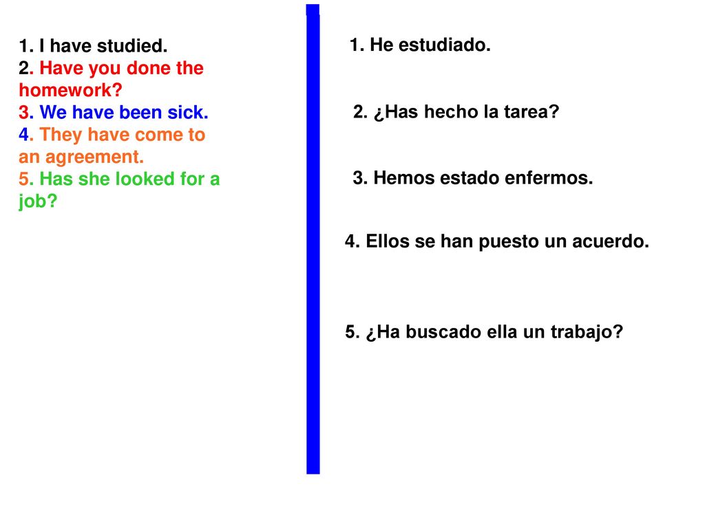 1. He estudiado. 1. I have studied. 2. Have you done the. homework 3. We have been sick. 4. They have come to.